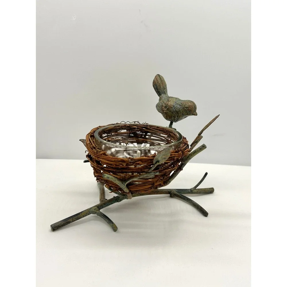 Rustic Bird Nest Tea Light Candle Holder Verdigris Metal Branch Votive Decor
